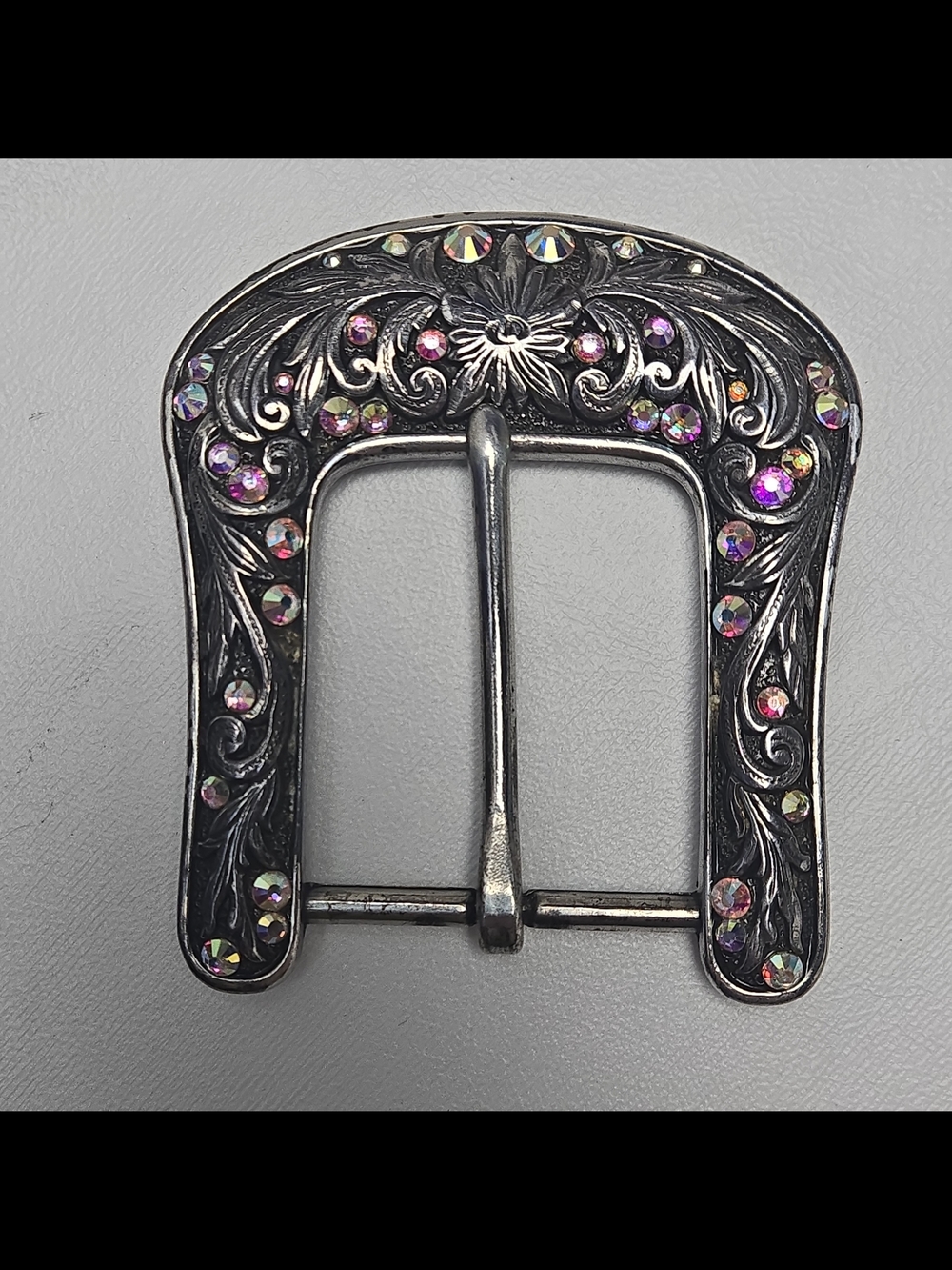 Ariat Silver Floral Western Belt Buckle with Pink/Iridescent Crystals